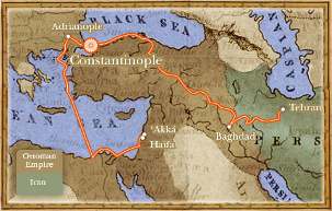 La carte montre les exils de Bahá’u’lláh après son départ de Téhéran. La ville de Constantinople est maintenant appelée Istanbul.