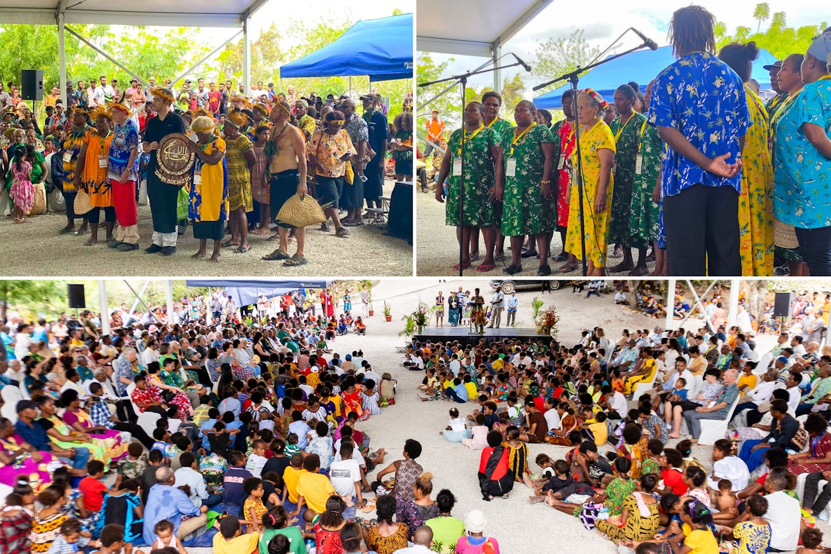 Le programme de dimanche comprenait des représentations artistiques et culturelles des communautés de tout le pays. En haut à gauche : une présentation de la communauté de Madina, où a été formée la première assemblée spirituelle locale bahá’íe du pays.