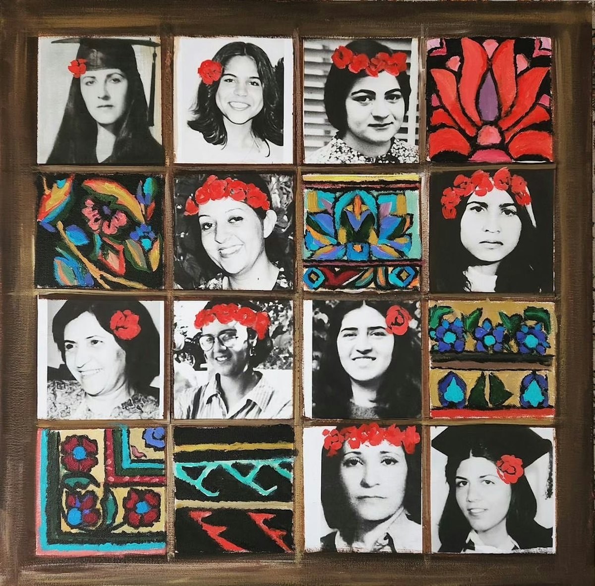 Œuvre d’art mixte combinant collage et portraits acryliques des 10 femmes bahá’íes.