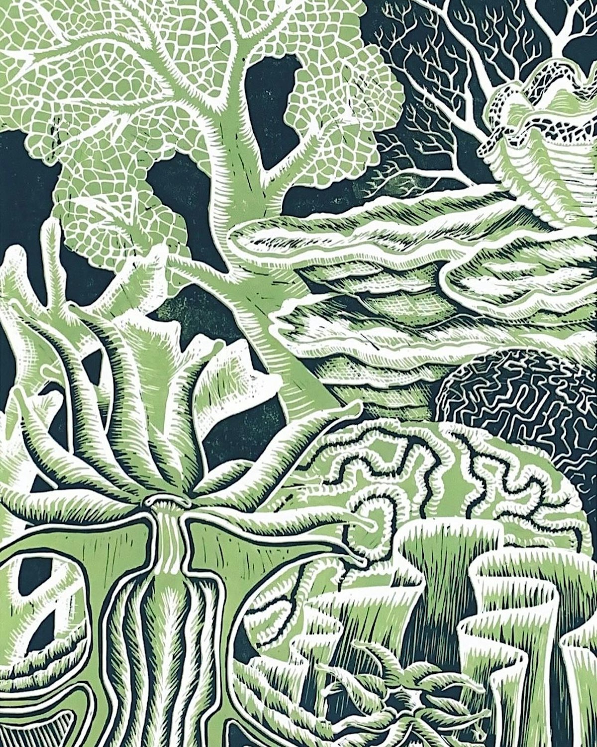 Dans cette œuvre, un artiste néo-zélandais met en lumière l’égalité entre les sexes à travers la relation symbiotique entre les polypes coralliens et les algues, symbolisant la confiance mutuelle et le soutien essentiels à l’harmonie de la société.