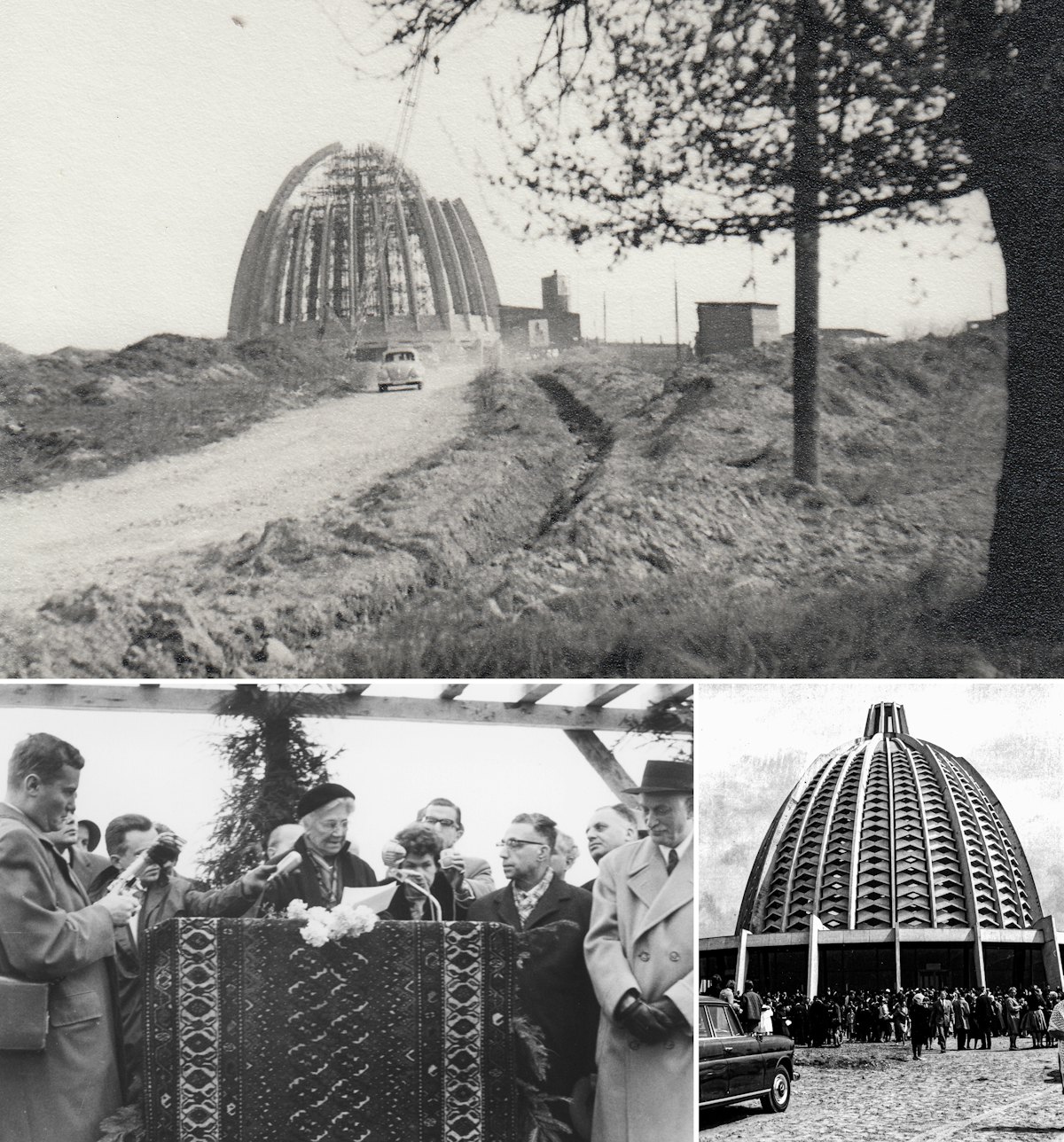 Photos montrant les différentes étapes de la construction de la maison d’adoration. En haut : un aperçu du début de l’année 1962, montrant la phase de construction. En bas à gauche, du centre à la droite : la Main de la cause Amelia Collins, Anneliese Bopp, la Main de la cause Ali-Akbar Furutan, et la Main de la cause Ugo Giachery lors de la pose de la première pierre du temple le 20 novembre 1960. En bas à droite : cérémonie d’inauguration marquant l’achèvement de la structure principale du temple.