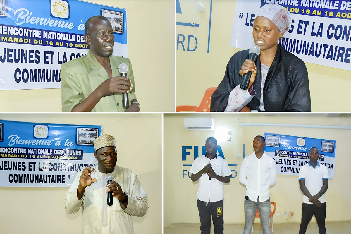 Vue des intervenants à la conférence : Hamissou Chaway (en haut à gauche), membre de l’Assemblée spirituelle nationale bahá’íe du Niger, Manira Abdoulaye (en haut à droite), animatrice des programmes bahá’ís d’éducation morale et spirituelle pour les jeunes, Mati Issoufou (en bas à gauche), membre du Corps de conseillers en Afrique, Badi, Ismael, Koandjoi (en bas à droite) jeunes participants à la conférence.