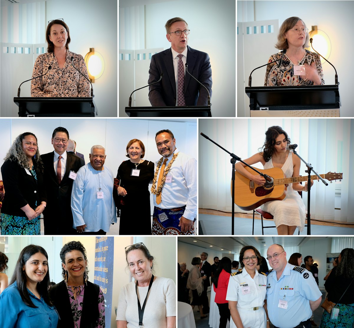 Les intervenants à la réception parlementaire en Australie, rangée du haut, de gauche à droite : Sophie Scamps, députée, l’honorable Julian Hill, Natalie Mobini-Kesheh, secrétaire de l’Assemblée spirituelle nationale des bahá’ís d’Australie. Le programme comprenait des chants interprétés par des participants à des initiatives bahá’íes de développement de communautés. Au cours des dernières années, le Bureau bahá’í des affaires extérieures d’Australie a contribué à un discours sur la cohésion sociale. Dans le cadre de cet effort continu, le Bureau a publié une publication intitulée Creating an Inclusive Narrative.